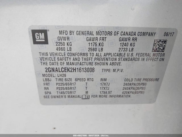 45827898 :رقم المزاد ، 2GNALCEK2H1613008 vin ، 2017 Chevrolet Equinox Lt مزاد بيع