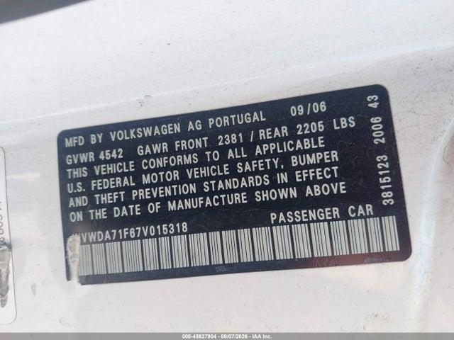 2007 Volkswagen Eos 2.0t მანქანა იყიდება აუქციონზე, vin: WVWDA71F67V015318, აუქციონის ნომერი: 45827904