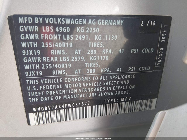 Продажа на аукционе авто 2015 Volkswagen Tiguan R-line, vin: WVGBV7AX4FW084677, номер лота: 45827911