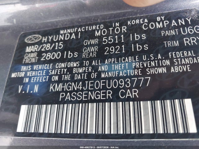 45827913 :رقم المزاد ، KMHGN4JE0FU093777 vin ، 2015 Hyundai Genesis 3.8 مزاد بيع