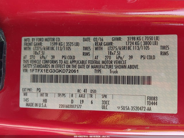 1FTFX1EG3GKD72061 Ford F-150 Lariat