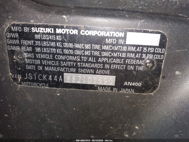 Aukcja sprzedaży 2008 Suzuki An400, vin: JS1CK44A882101590, numer aukcji: 45827915