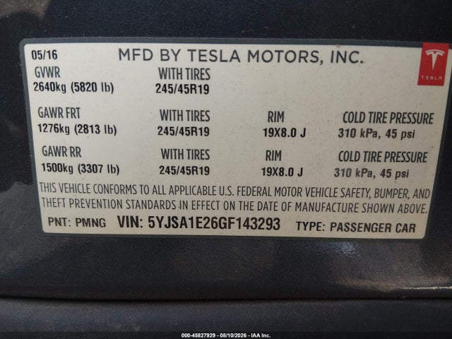 45827929 :رقم المزاد ، 5YJSA1E26GF143293 vin ، 2016 Tesla Model S مزاد بيع