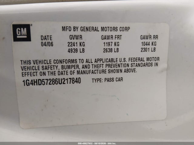 2006 Buick Lucerne Cxl მანქანა იყიდება აუქციონზე, vin: 1G4HD57286U217840, აუქციონის ნომერი: 45827932