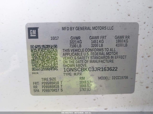 Продаж на аукціоні авто 2018 Chevrolet Tahoe Lt, vin: 1GNSCBKC3JR163622, номер лоту: 45827933