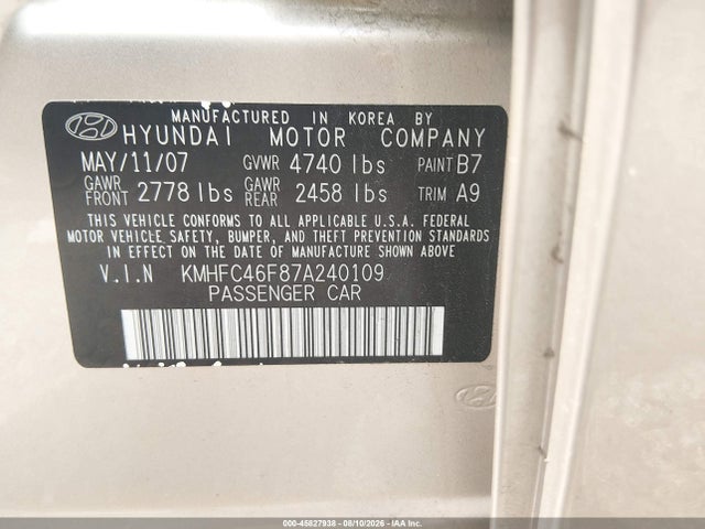 Продажа на аукционе авто 2007 Hyundai Azera Limited/se, vin: KMHFC46F87A240109, номер лота: 45827938