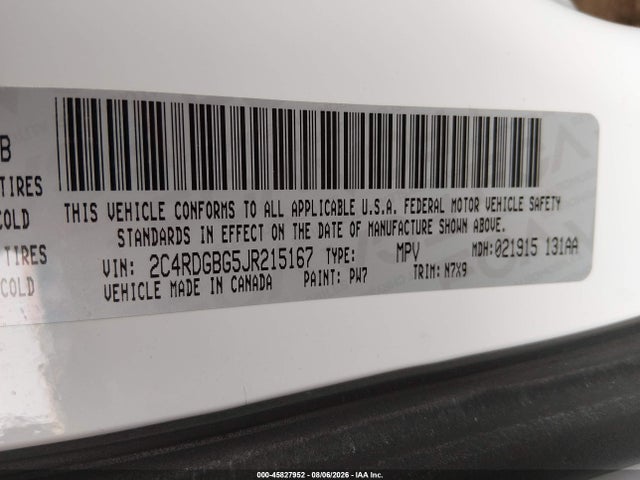 2018 Dodge Grand Caravan Se Plus მანქანა იყიდება აუქციონზე, vin: 2C4RDGBG5JR215167, აუქციონის ნომერი: 45827952