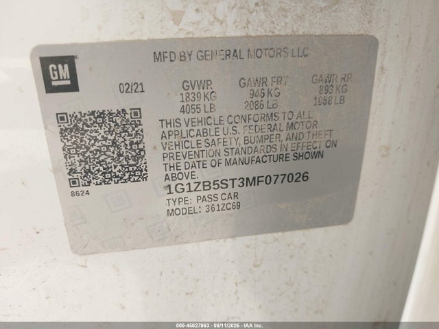 Aukcja sprzedaży 2021 Chevrolet Malibu Fwd Ls, vin: 1G1ZB5ST3MF077026, numer aukcji: 45827963