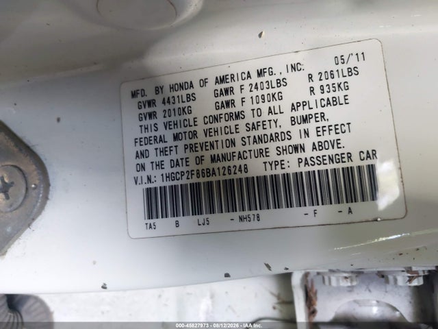 45827973 :رقم المزاد ، 1HGCP2F86BA126248 vin ، 2011 Honda Accord 2.4 Ex-l مزاد بيع