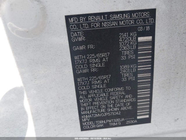 2018 Nissan Rogue S მანქანა იყიდება აუქციონზე, vin: KNMAT2MV0JP571042, აუქციონის ნომერი: 45828004