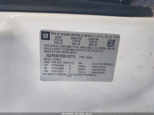 45828008 :رقم المزاد ، 3GCPKSE72DG135718 vin ، 2013 Chevrolet Silverado 1500 Lt مزاد بيع