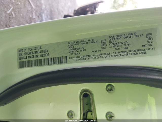 45828019 :رقم المزاد ، 3C6UR5FJ3NG418003 vin ، 2022 Ram 2500 Laramie  4x4 6'4 Box مزاد بيع