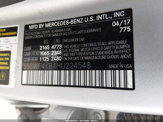 2017 Mercedes-benz C 300 4matic მანქანა იყიდება აუქციონზე, vin: 55SWF4KB1HU224548, აუქციონის ნომერი: 45828023