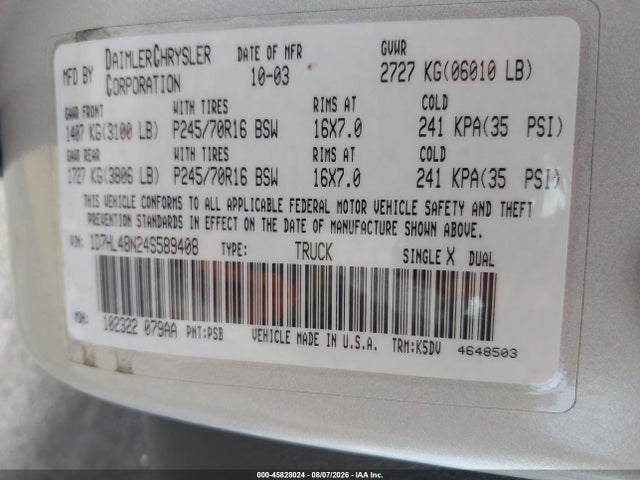 45828024 :رقم المزاد ، 1D7HL48N24S589408 vin ، 2004 Dodge Dakota Slt مزاد بيع