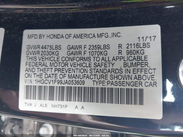 2018 Honda Accord Touring მანქანა იყიდება აუქციონზე, vin: 1HGCV1F99JA053609, აუქციონის ნომერი: 45828025