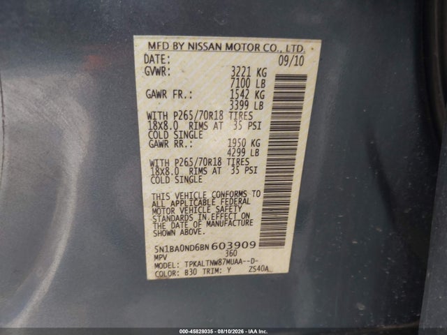 2011 Nissan Armada Sv მანქანა იყიდება აუქციონზე, vin: 5N1BA0ND6BN603909, აუქციონის ნომერი: 45828035