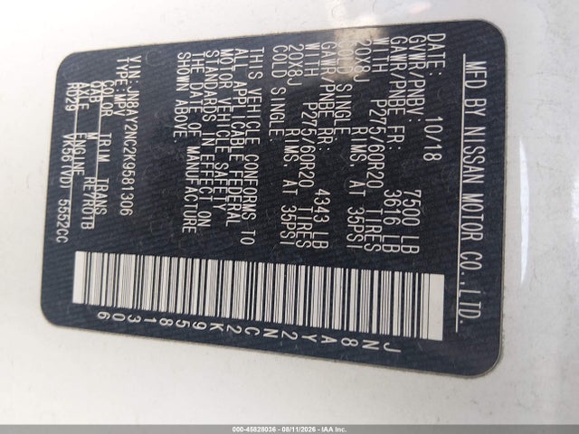 2019 Nissan Armada Platinum მანქანა იყიდება აუქციონზე, vin: JN8AY2NC2K9581306, აუქციონის ნომერი: 45828036