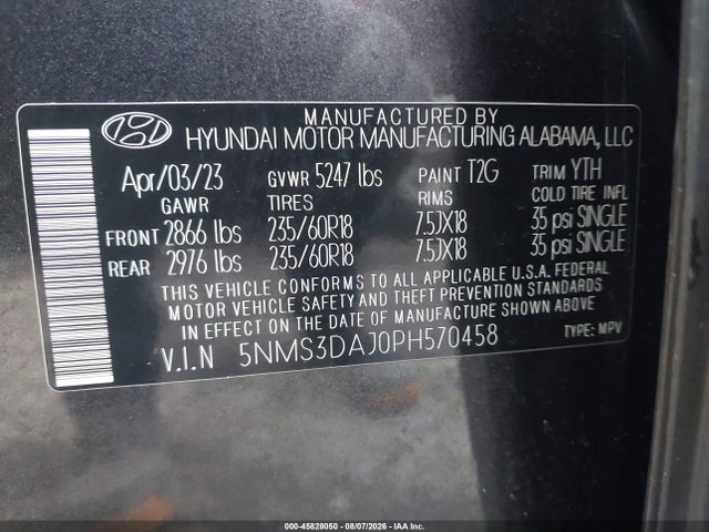 45828050 :رقم المزاد ، 5NMS3DAJ0PH570458 vin ، 2023 Hyundai Santa Fe Sel مزاد بيع