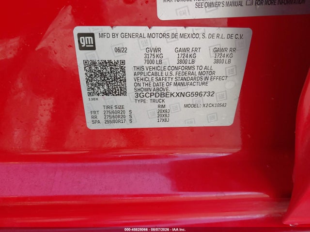 45828066 :رقم المزاد ، 3GCPDBEKXNG596732 vin ، 2022 Chevrolet Silverado 1500 4wd  Short Bed Custom مزاد بيع