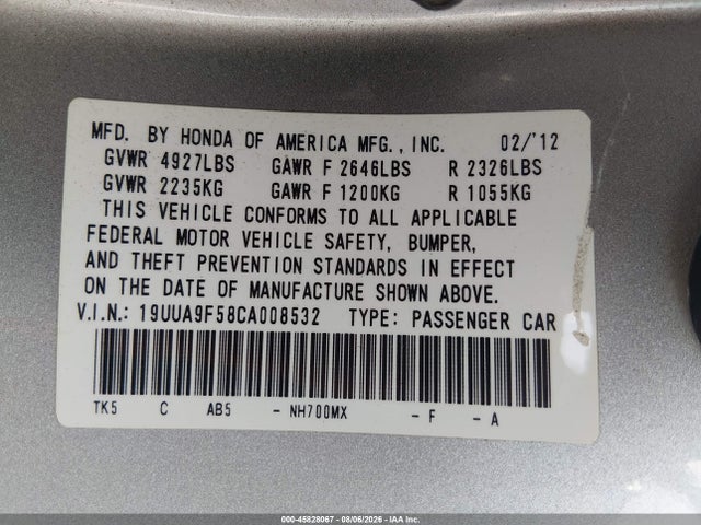 Продажа на аукционе авто 2012 Acura Tl 3.7, vin: 19UUA9F58CA008532, номер лота: 45828067