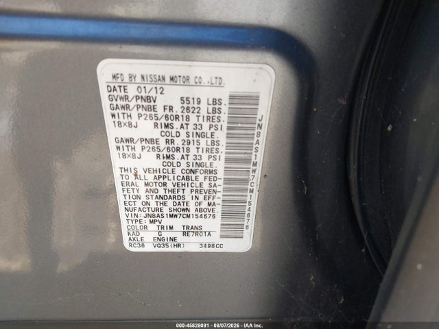 Продаж на аукціоні авто 2012 Infiniti Fx35, vin: JN8AS1MW7CM154676, номер лоту: 45828081