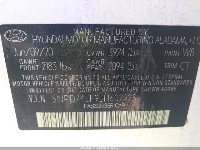 Продаж на аукціоні авто 2020 Hyundai Elantra Se, vin: 5NPD74LF9LH602925, номер лоту: 45828112