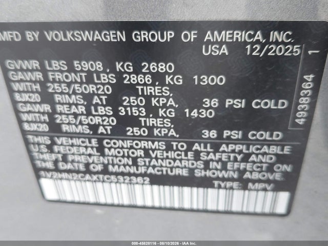 Продаж на аукціоні авто 2026 Volkswagen Atlas Se With Technology, vin: 1V2HN2CAXTC532362, номер лоту: 45828116