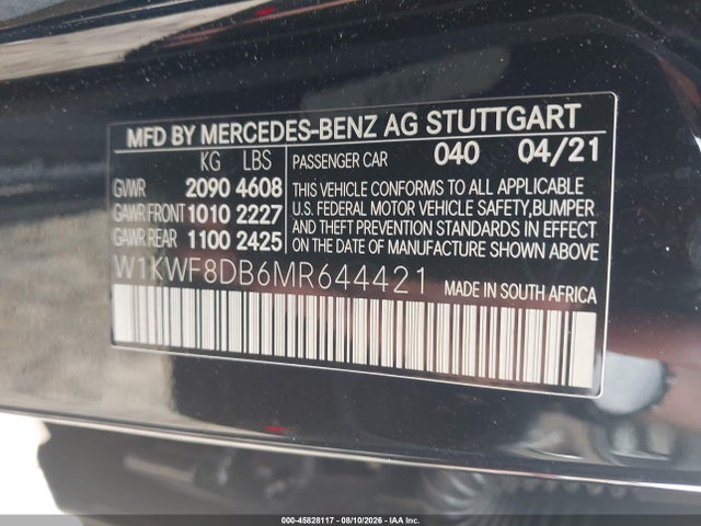 Aukcja sprzedaży 2021 Mercedes-benz C 300 Sedan, vin: W1KWF8DB6MR644421, numer aukcji: 45828117