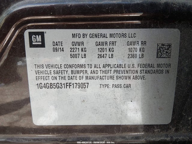 2015 Buick Lacrosse Leather მანქანა იყიდება აუქციონზე, vin: 1G4GB5G31FF179057, აუქციონის ნომერი: 45828135