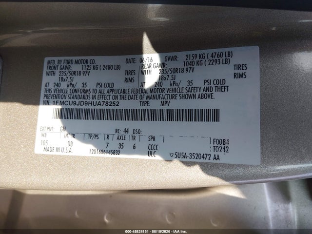 Продаж на аукціоні авто 2017 Ford Escape Titanium, vin: 1FMCU9JD9HUA78252, номер лоту: 45828151
