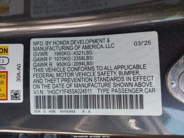45828156 :رقم المزاد ، 1HGCY1F45SA024511 vin ، 2025 Honda Accord Se مزاد بيع