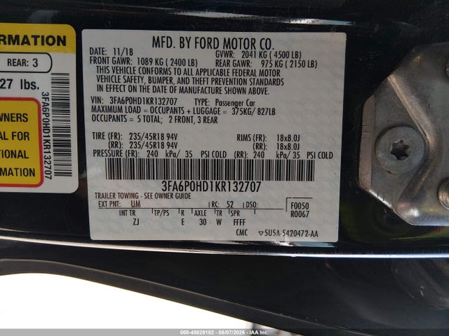 Продажа на аукционе авто 2019 Ford Fusion Se, vin: 3FA6P0HD1KR132707, номер лота: 45828182