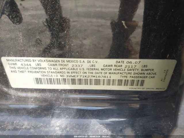 Продаж на аукціоні авто 2007 Volkswagen Jetta Wolfsburg Edition, vin: 3VWEF71K27M187811, номер лоту: 45828191
