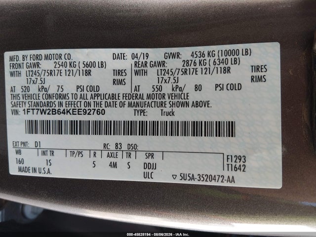 Продаж на аукціоні авто 2019 Ford F-250 Xl, vin: 1FT7W2B64KEE92760, номер лоту: 45828194