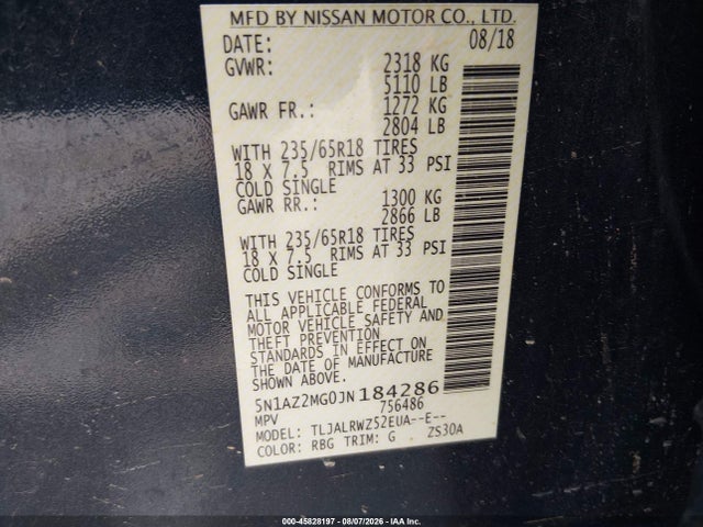 Nissan MURANO SL 2018 5N1AZ2MG0JN184286 Image 9
