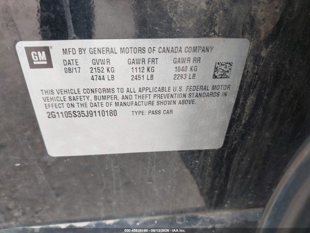 45828198 :رقم المزاد ، 2G1105S35J9110180 vin ، 2018 Chevrolet Impala 1lt مزاد بيع