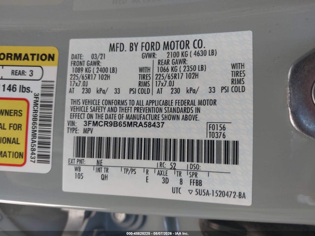 45828225 :رقم المزاد ، 3FMCR9B65MRA58437 vin ، 2021 Ford Bronco Sport Big Bend مزاد بيع