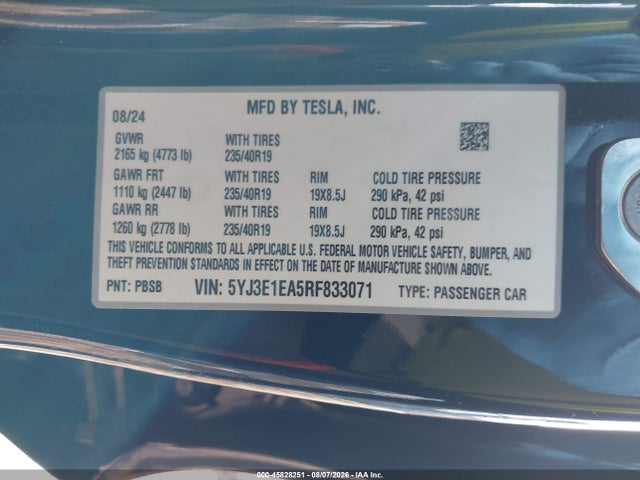 45828251 :رقم المزاد ، 5YJ3E1EA5RF833071 vin ، 2024 Tesla Model 3 Long Range Dual Motor All-wheel Drive/rear-wheel Drive مزاد بيع