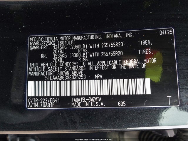 45828253 :رقم المزاد ، 5TDAAAB63SS035253 vin ، 2025 Lexus Tx 350 Premium مزاد بيع