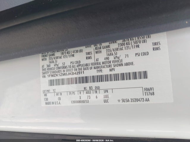 Продаж на аукціоні авто 2018 Ford Transit-150 Xl, vin: 1FMZK1ZM0JKB42511, номер лоту: 45828260