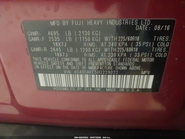 45828264 :رقم المزاد ، 4S4BSAKC5H3229022 vin ، 2017 Subaru Outback 2.5i Limited مزاد بيع