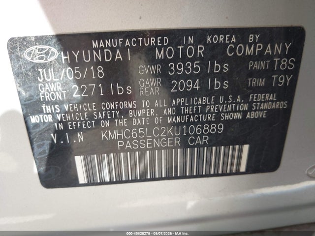 Aukcja sprzedaży 2019 Hyundai Ioniq Hybrid Blue, vin: KMHC65LC2KU106889, numer aukcji: 45828275