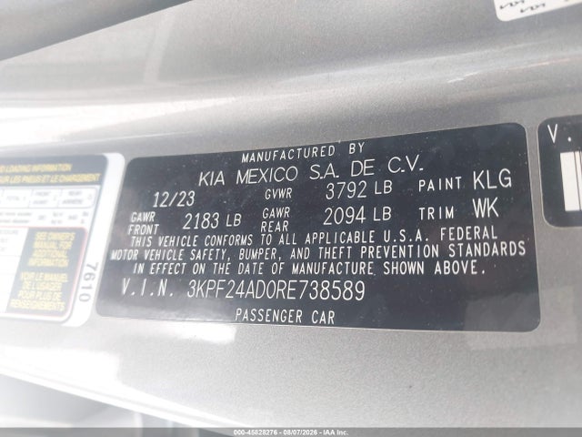 45828276 :رقم المزاد ، 3KPF24AD0RE738589 vin ، 2024 Kia Forte Lxs مزاد بيع