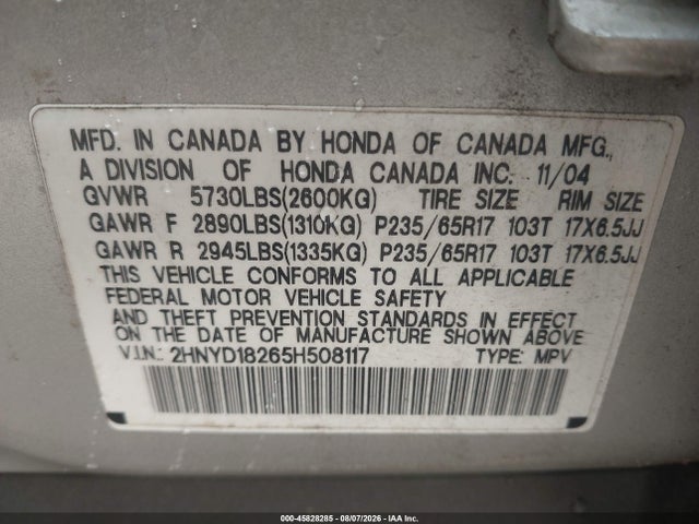 2005 Acura Mdx მანქანა იყიდება აუქციონზე, vin: 2HNYD18265H508117, აუქციონის ნომერი: 45828285