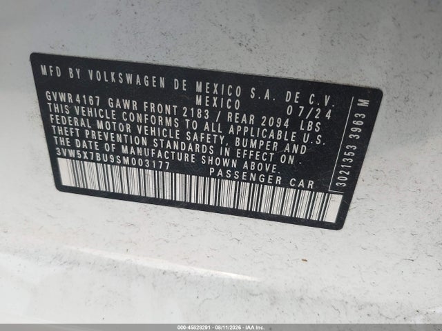 2025 Volkswagen Jetta 1.5t S მანქანა იყიდება აუქციონზე, vin: 3VW5X7BU9SM003177, აუქციონის ნომერი: 45828291