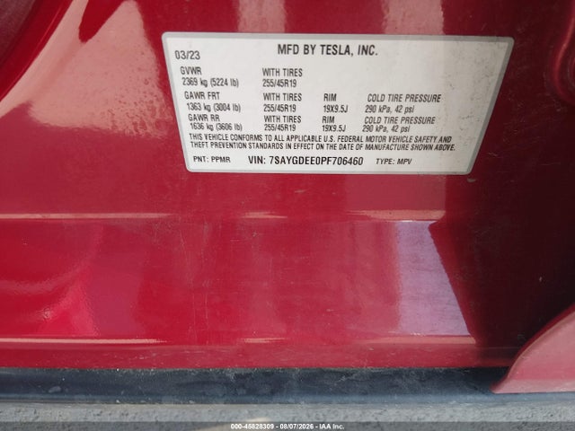 45828309 :رقم المزاد ، 7SAYGDEE0PF706460 vin ، 2023 Tesla Model Y مزاد بيع