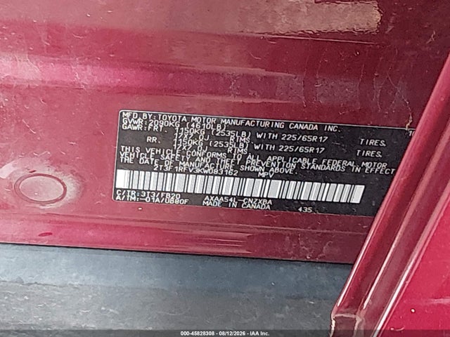 Aukcja sprzedaży 2019 Toyota Rav4 Le, vin: 2T3F1RFV3KW083162, numer aukcji: 45828308