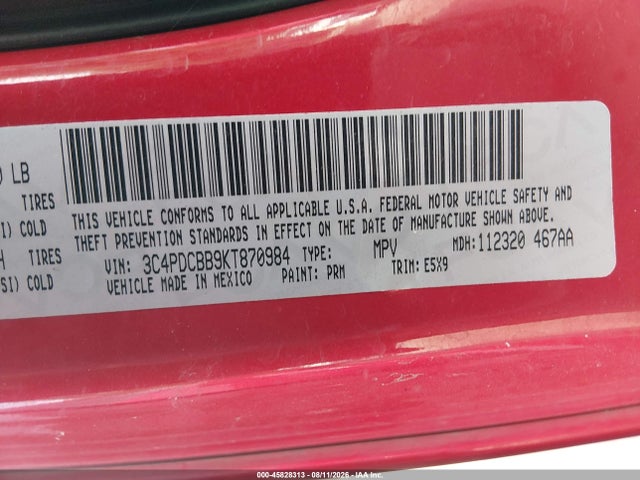 Продаж на аукціоні авто 2019 Dodge Journey Se, vin: 3C4PDCBB9KT870984, номер лоту: 45828313