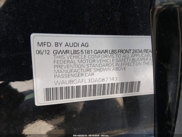 45828319 :رقم المزاد ، WAUBGAFL3DA087143 vin ، 2013 Audi S4 3.0t Premium Plus مزاد بيع