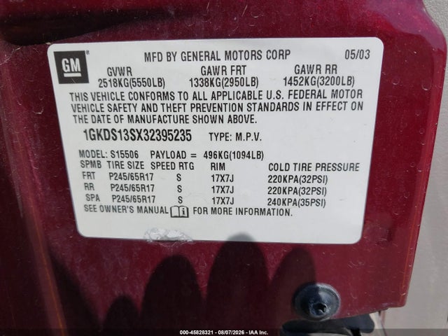2003 Gmc Envoy Sle მანქანა იყიდება აუქციონზე, vin: 1GKDS13SX32395235, აუქციონის ნომერი: 45828321